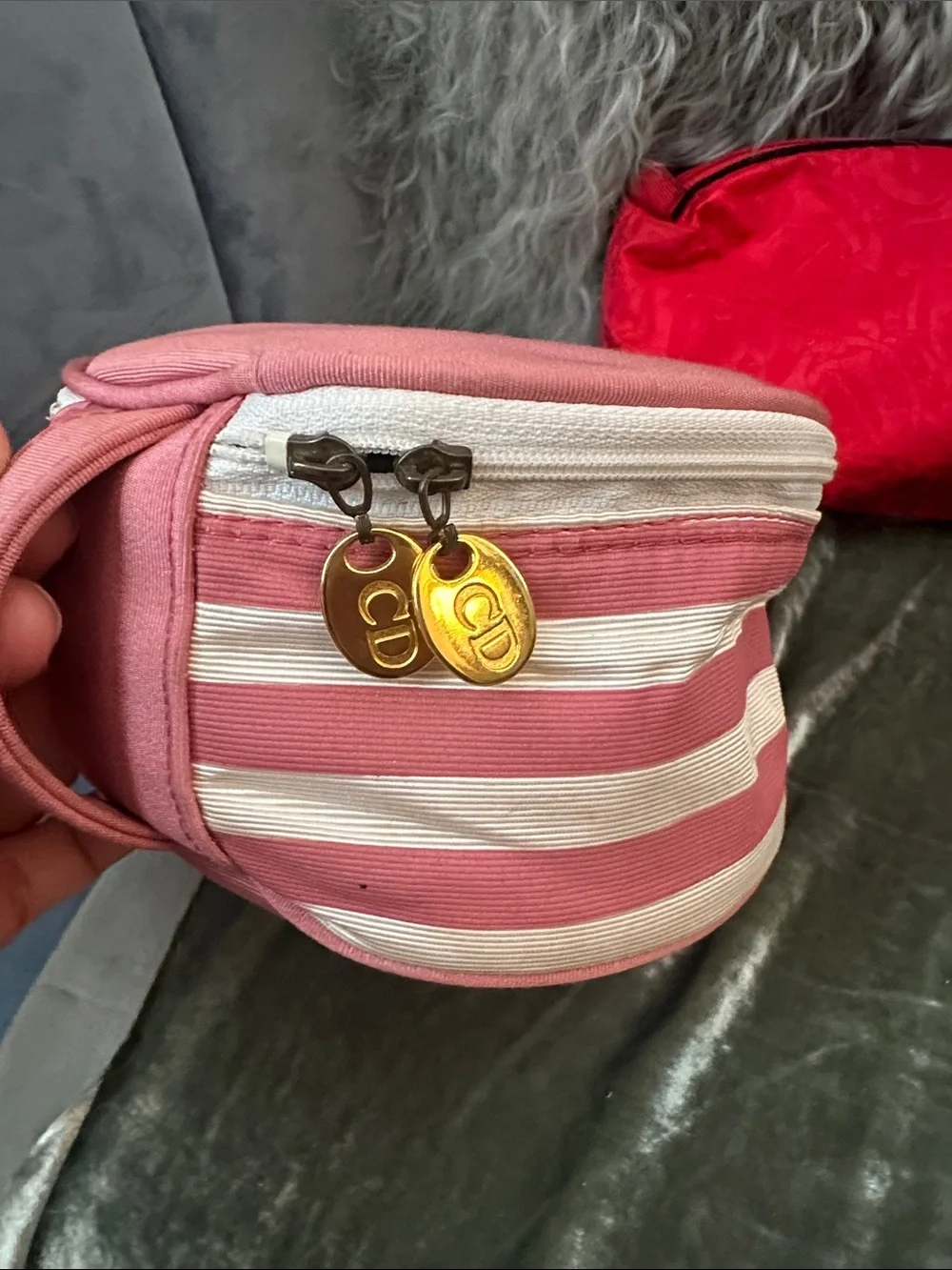 Dior Vintage Makeup Bag Lot 3 Striped Red Monogram
